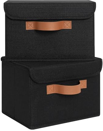 GRANNY SAYS Small Storage Bins with Lids, Small Storage Boxes, Shelf Baskets for Shelf, Collapsible Storage Bins for Living Room, Bedroom, 10x8x7 Inch, Black, 2-Pack