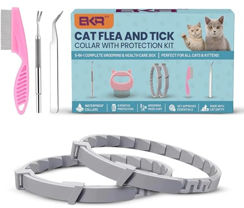 BKRMART Cat Flea and Tick Collar 8-Month Protection Natural Flea Collar for Cats & Kittens with Flea Comb, Shell Comb, Tick Tweezers & Tick Removal Tool | 5-in-1 Cat Flea Collar & Protection Kit Set