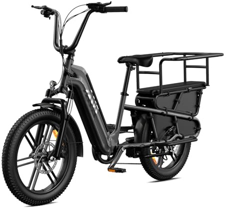 TST Bicicleta Eléctrica para Adultos con Asiento Trasero y Control por App, Bicicleta Cargo 20 Llantas Fat Batería 48V 15Ah 250W Autonomía 60KM Carga 204kg, Portaequipajes, Suspensión, Cuadro Bajo