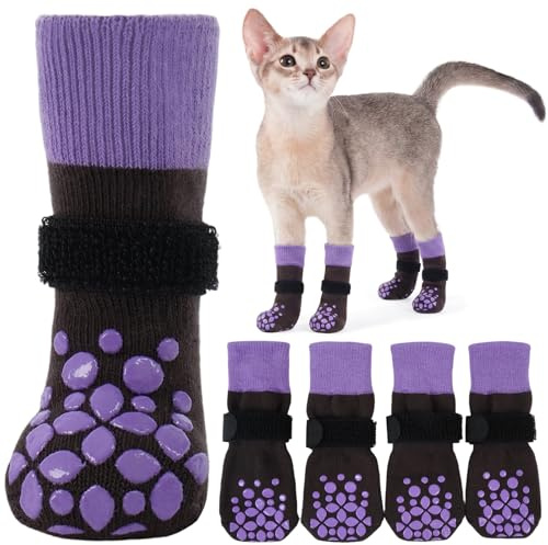 PUMYPOREITY 2 par katttass-skydd, kattvantar för att sluta klösa, greppa strumpor, tass bandage strumpa för att sluta dra ut sömmar (lila, 3XS)