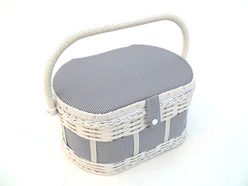 Nähkästchen, Nähkorb, Handarbeitskorb von Korbhaus Gesthüsen - Grau, Korb und Stoffmaterialien, Traditionelles Flechthandwerk, Rechteckig, 30cm x 20cm x 16cm