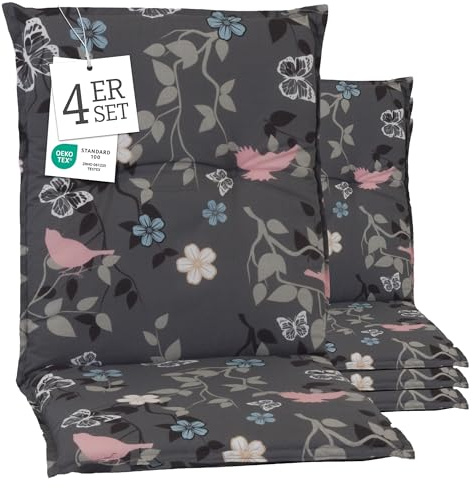 Beo Niedriglehner Auflagen 4er Set UV-beständig Barcelona | Made in EU nach Öko-Tex Standard | Waschbare Stuhlauflage Niedriglehner | Atmungsaktive Auflagen Niedriglehner mit Blumen- & Vogel-Muster