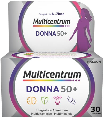 Multicentrum Donna 50+ Integratore Multivitaminico completo, con Magnesio, Vitamina A, D, B12, Calcio, per combattere stanchezza e affaticamento per Donne oltre 50 anni, 30 Compresse