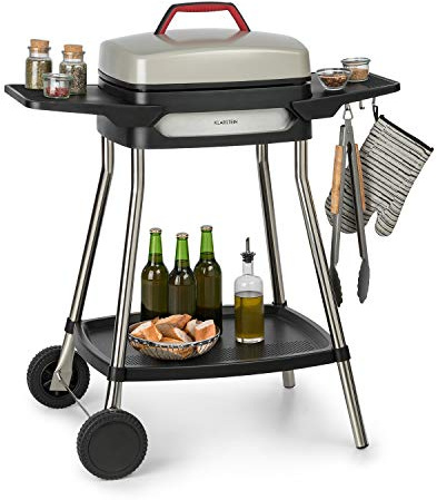 KLARSTEIN Gatsby - Grill Elettrico, 2000W, EasyGrill Concept, Piastra: 40x36 cm in Alluminio Pressofuso Antiaderente, Tavoli Laterali: 20 x 32 cm, Termostato, Ruote, Beige/Nero