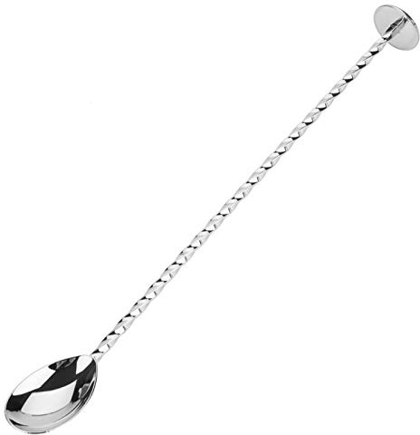 Palo para mezclar cóctel Cuchara de mango largo de acero inoxidable Exquisita herramienta de capas de mezcla de mango retorcido antideslizante para bar Bartender Bebidas(Spoon with masher-Plata)