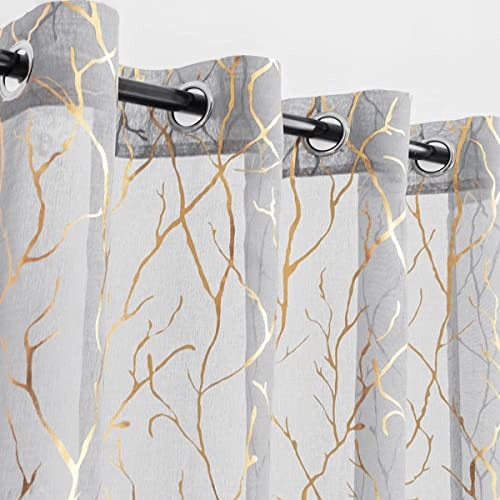 Cortinas semitransparentes de Gasa de Kotile, con Dibujo de Ramas Doradas Metalizadas, Grises, 160 cm de Largo, para Dormitorio, con Ojales, filtran la luz, 132 x 160 cm, 2 Unidades, Gris y Dorado.