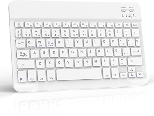DINGRICH Teclado Español para iPad Tablet Bluetooth Teclado Inalámbrico Portátil para iPhone, iOS, Samsung, Huawei, Android, Windows y Cualquier Dispositivos Negro Blanco