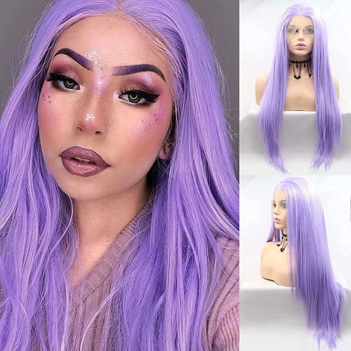 Pastel Lilac Purple Wig High Temperature Friendly Synthetic Lace Front Wigs for Women Ladies Cosplay Mermaid Drag Queen Long Straight Wigs (24 Inch, Pastel Lilac Purple/lace front wig)