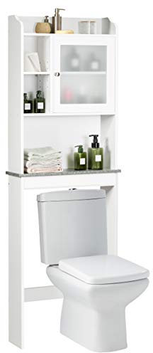 LIFEZEAL Mobile Bagno sopra WC, Scaffale sopra Toilette con Porta in Vetro Satinato Temperato con 4 Ripiani, Mobile per Lavatrice, Stabile e Antidumping, Stile Moderno, 59,5x19x173cm, Bianco