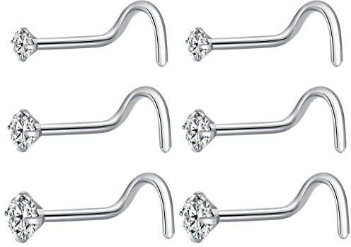 Fzroezz 6Pcs Nose Studs 20 Gauge Corkscrew Nose Piercings Nose Rings Studs Nostril Nose Piercing Jewelry Silver Nose Ring Nose Stud Nose Piercing Surgical Steel Nose Jewelry 20G Cute Real Stud Nose Rings Hypoallergenic Screw Nose Ring 2mm 2.5mm 3mm Round Clear Diamond CZ