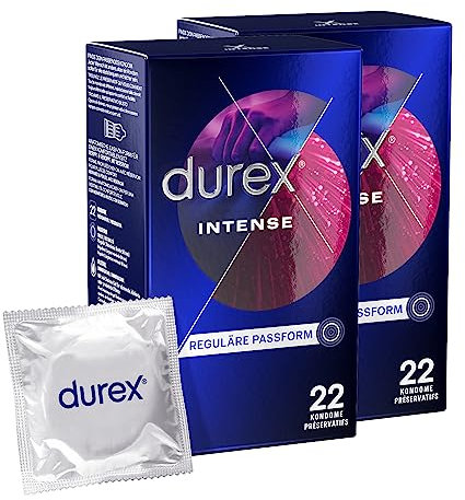 Durex Intense Kondome - Extra stark Kondome mit Noppen & Rippen, mit Desirex-Gel befeuchtet - 2 x 22 Stück