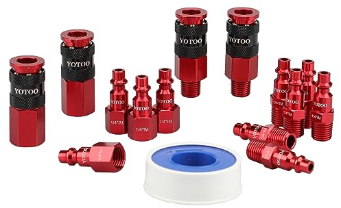 YOTOO 15 Pieces Universal Air Coupler and Plug Kit, Quick Connect Air Hose Fittings, Heavy Duty Aluminum Air Fittings, Lightweight, Push to Connect air tools and air compressor, Red