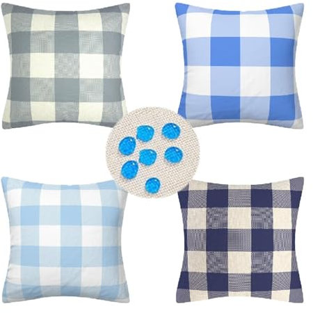 wasserdichte Kissenbezug Blau kariert Kissenhülle 40x40 4er Set Dekorative Outdoor Kissen Wasserfes Dekorativ Kissenbezüge Leinen Sofakissen Luxus Kissenbezüge für Wohnzimmer Garten Outdoor