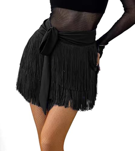 ELLYDOOR Fringe Dance Skirts for Women Teens Ballroom Latin Pencil Wrap Skirt Festive Rave Mini Skirt Black