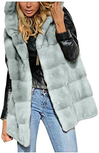 LZPCarra Chaleco de piel sintética para mujer, sin mangas, con capucha, chaqueta de invierno, chaqueta acolchada, chaqueta de pelo, chaleco cálido, abrigo de piel, abrigo de piel, abrigo de invierno,