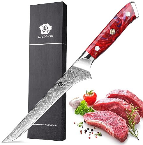 WILDMOK Ausbeinmesser, Damaskus-Superstahl, geschmiedet, 67 Schichten, Ausbeinmesser, Filetiermesser, Fleischschneiden, Trimmen, Entbeinen, Vollerl-Harzgriff, inklusive Geschenkbox