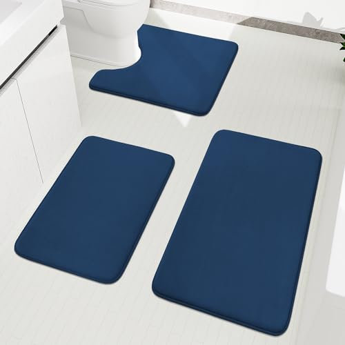 chakme Badezimmerteppich Set 3 Teilig, Weiche Memory-Schaum Badematte und U Förmige wc Vorleger, Badteppich rutschfest Waschbar Badvorleger Set Navy blau