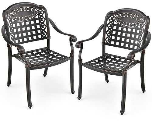 GIANTEX Lot de 2 chaises de jardin en aluminium moulé sous pression, empilables, avec accoudoirs, pieds réglables, fauteuils métalliques pour jardin, cour, balcon, bord de piscine, couleur