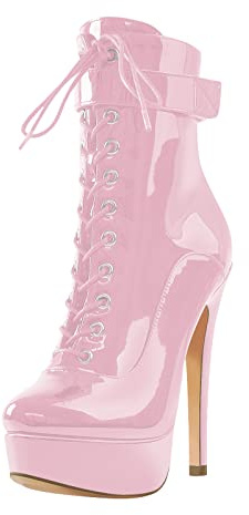 MissHeel Bottes à plateforme avec lacets, talons Stilettos, bottes à talons hauts pour femme, rose bonbon, 46 EU