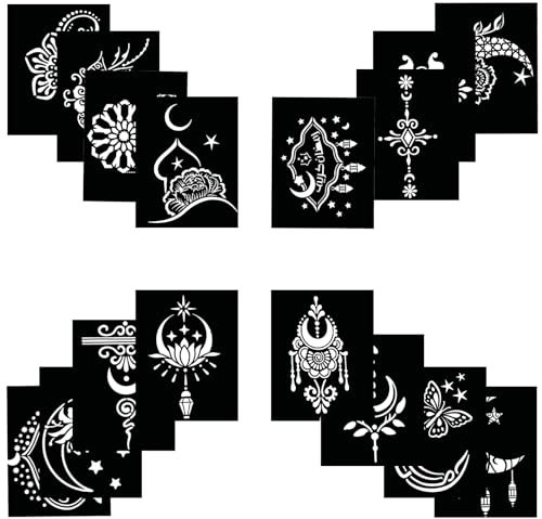 Qpout Stencil per tatuaggi per bambini e adulti, 16 fogli di stencil per tatuaggi all'henné, stencil per tatuaggi all'henné per veri tatuaggi