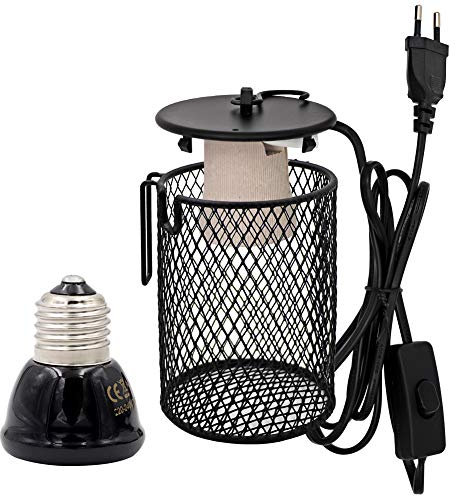 MUALROUS Lámpara calefactora de cerámica de reptiles con protección, iluminación de calefacción 50 W infrarrojo mascota lámpara de calor portalámparas con lámpara de calor jaula anti-soporte para