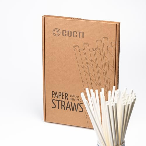 Pailles en papier Cocti - Des pailles incroyablement résistantes ! 100% biodégradable, sans goût de papier gênant, convient aux boissons froides - 200mm X 6mm, blanc 150 pcs.