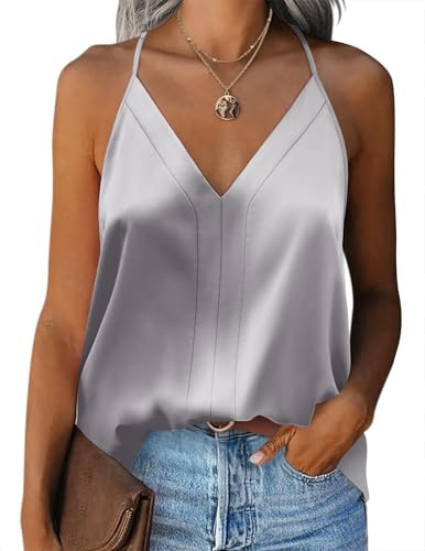 Zeagoo Damer satin cami top undertröjor spagettiremmar basic topp justerbar spaghetti rem V-ringad camisole linne topp, GRÅ, XL