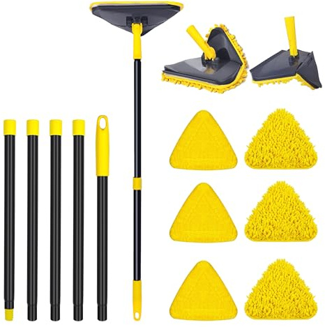 Newly Upgraded Wall Mop with 82 Inches Long Handle, 180° Folding Wall Cleaner Triangle Mop with Squeegee, 3-in-1 Ceiling Cleaning Tool with 6 Replacement Pads for Wall, Baseboards, Ceiling, Floor