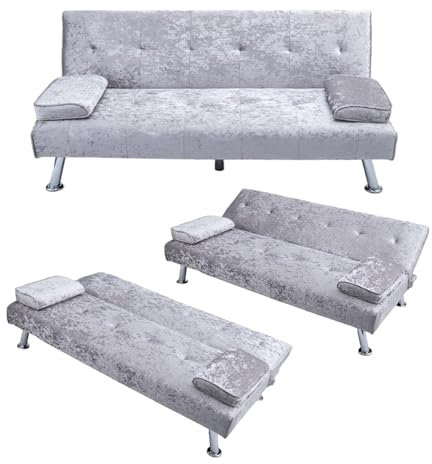CROWNSHOP 3 Seater Sofas Modern Sofa Beds with Upholstered Convertible Sofas & Couches Couch Adjustable Angle Sofas with Metal Legs for Living Room/Spare Room/Guest Room lLght Grey Velvet