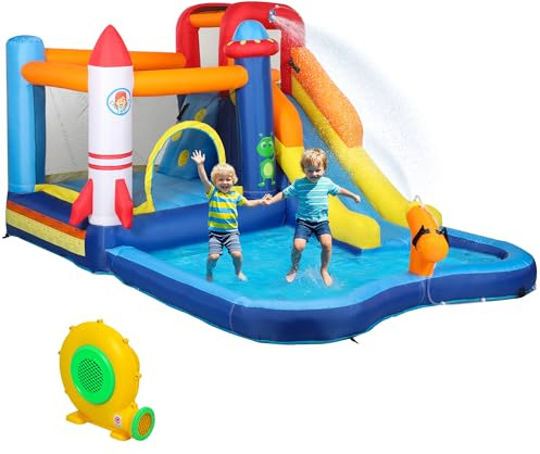 AIYAPLAY Castillo Hinchable con Soplador 5 en 1 Parque Acuático Hinchable para Niños con Tobogán Piscina de Chapoteo Escalada y Cañón de Agua para Exterior Interior 360x250x195 cm