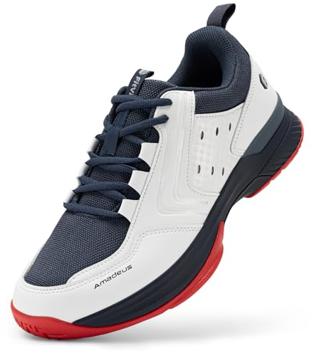 FitVille Tennis Shoes for Men Wide Mens Pickleball Shoes Breathable Court Shoes Racquetball Badminton Athletic Sneakers for All Courts | Arch Support | Energy Return (10 Wide, White & Navy Blue)