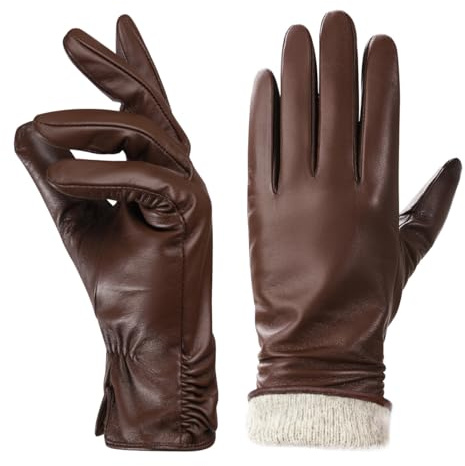 BISON DENIM Gants d'hiver en cuir pour femme, doublure en laine et cachemire, compatibles avec écran tactile, gants épais doublés coupe-vent pour la conduite, Marron 1, M