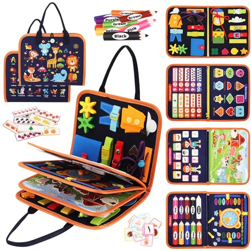 Libro Montessori 1 2 Años, Busy Board Montessori de Fieltro, Busy Book, Juguetes de Tablero Sensorial, Juegos Educativos Niños 2 3 4 5 Años, Motricidad Fina y Autonomía Infantil para Niños y Niñas