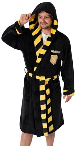 Harry Potter Accappatoio unisex nero con cappuccio Tassorosso | Morbido pigiama in pile con cravatta | Pigiama a maniche lunghe a tema cinematografico | Perfetto per rilassarsi a casa