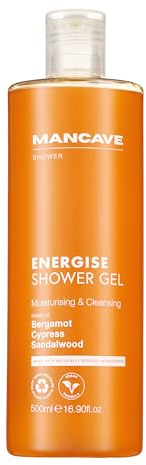 ManCave Energise Mens Shower Gel, 500ml, Duschgel, Naturliga Ingredienser, Vegansk, Miljövänlig och Cruelty-Free, Energigivande Duschgel för Män med Bergamott, Mysk och Sandelträ