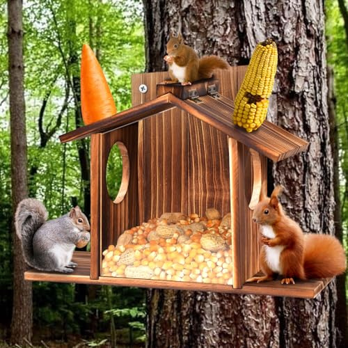 Simabsie Eichhörnchen Futterhaus mit Sichtfenster & Klappdach - Wetterfeste Futterstation für Nüsse, Mais und Erdnüsse, SH-SSWSQ02-DE