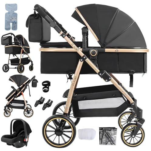 Oubeauou Baby resesystem 3-i-1 med anti-skakande liggdel, konvertibel barnvagn och babyliggdel, hög sikt, stötdämpning, aluminiumram, för födsel till 36 månader (svart guld)