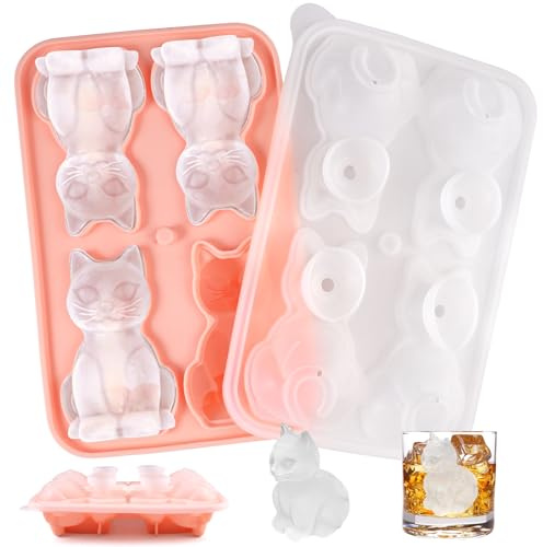Silikon isbitsform katter, isbitsbehållare katt isbitsbricka form återanvändbar isbitsbehållare med lock och tratt, BPA-fri, för is, whisky, cocktail, juice