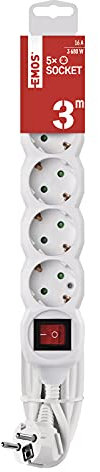 EMOS - 5-Fach Steckdosenleiste 3m mit Schalter - 5 Schuko-Steckdosen 45° gedreht - 250 V, 16 A, 3680 W - PVC-Isolierung - H05VV-F3G 1,5 mm2 - erhöhter Berührungsschutz - IP20 für Innen - weiß