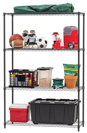 Iris Ohyama, Schwerlastregal, Aufbewahrungsmöbel aus Metall, Metallregal mit 4 Ebenen, Stecksystem, höhenverstellbar, Küche, Garage, Büro - Metal Rack MR-WT4 - Schwarz