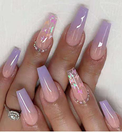 BSLVWG Künstliche Nägel Lange Kunstnägel Goldfolie Press on Nails Ballerina Acryl Stick on Nails 24 Stück für Frauen und Mädchen (10)