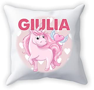 Overthetee Cuscino Bambina Unicorni - Nome Personalizzato - Rosa - Pink - Unicorn - Cuore - Bimba - Idee Regalo - Cuscini Cameretta