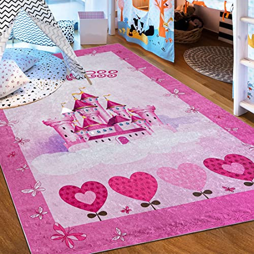 Mazovia Kinderzimmerteppich Antirutsch - Waschbar bis 30 Grad - Prinzessin Schloss - Kurzflor Kinderteppich Teppich für Kinderzimmer - ÖKO-TEX - Teppiche Mädchen Rosa Pink 160 x 230 cm