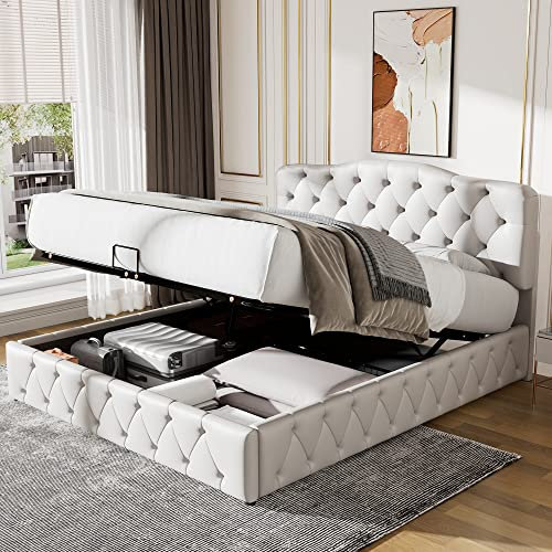 Polsterbett, 140 x 200cm Doppelbett, hydraulisches Funktionsbett, Weiß Continentalbett, höhenverstellbares Kopfteil, Lychee-Muster, Synthetisches Leder (Weiß, 140 x 200cm)