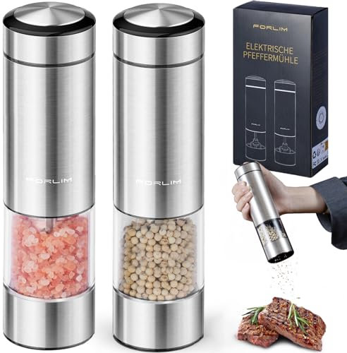 FORLIM Electric Salt and Pepper Grinder Set, Battery Operated Automatic Salt Pepper Mill, One-Handed Operation, Refillable with Light, Adjustable Coarseness, Stainless Steel, 2 Pack (Silver Gray)