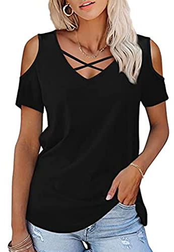 Maglietta Manica Corta Donna off Spalla T-Shirt con Scollo a V Crocevia Incrociata Tagliata Estive Maglia Casual Tinta Unita Larghe Elegante Moda Top Camicia