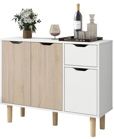 Panana Sideboard Living Room Storage Cabinet with 2 Doors 2 Drawers Wooden Side Cabinet (White and 2 Natural Doors)(FRSB59NOO)