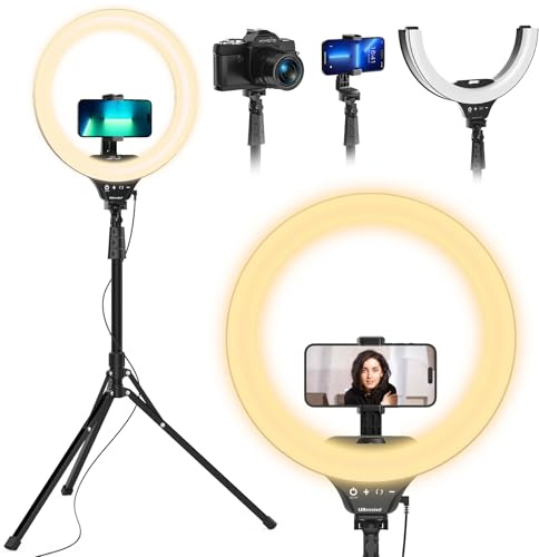 UBeesize 14'' Foldable Ring Light with 62'' Tripod Stand and Phone Holder, LED Selfie RingLight for iPhone with Remote, Circl