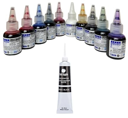 SÜDOR Vitrail Lot de 10 peintures pour verre à séchage rapide Convient pour la décoration (10 couleurs x 25 ml et peinture contour (noir, 20 ml))