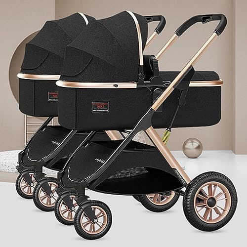 YCKEGEW Zwillings-Baby-Kinderwagen,Tandem-Kinderwagen Für Neugeborene Seite An Seite Kinderwagen, Faltbarer Doppelsitz Abnehmbarer Kinderwagen Hochformatiger Umkehrbarer (Color : Black)